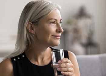 an older woman smiling and holding a glass of water